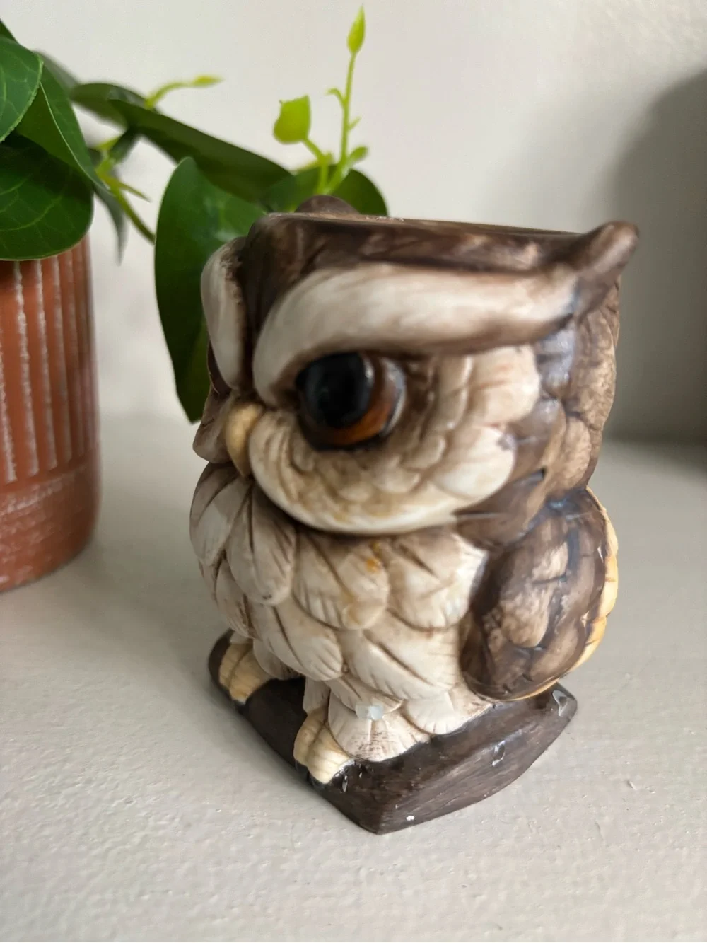 Vintage Mcm retro ceramic grumpy owl tapered candle holder